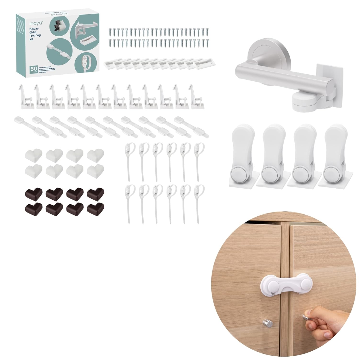 Inaya Baby Proofing Bundle - 50pc Complete Child Safety Kit with 4pc Door Lever Locks and 6pc Cabinet Locks, Child Proof Lever Door Handle, Baby proofing Door Handles