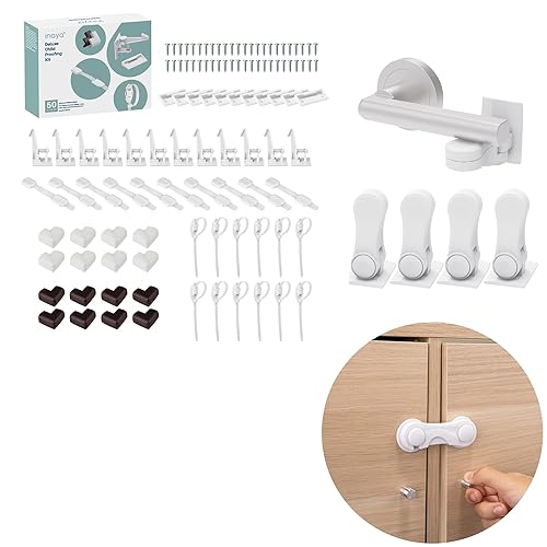 Inaya Paquete a prueba de bebés – Kit completo de seguridad infantil de 50 piezas con 4 cerraduras de palanca de puerta y 6 cerraduras de gabinete,