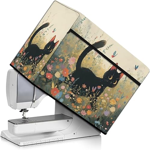 Miniatura 206 de Mumeson Cubierta antipolvo para máquina de coser de gatos negros con flores, para la mayoría de máquinas de coser estándar, plegable, duradera