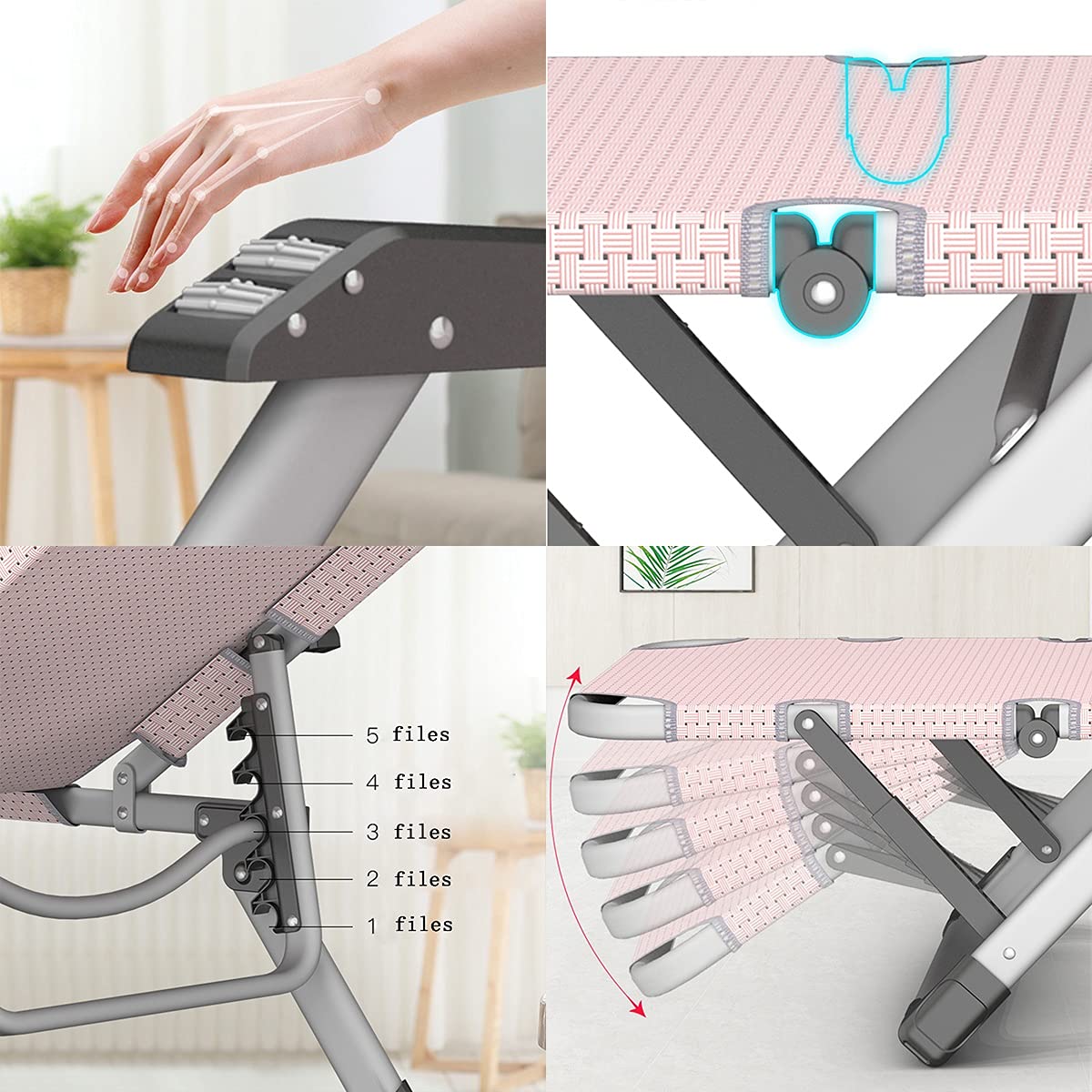 Poltrona reclinabile Pieghevole XXL con braccioli Imbottiti, per Patio, terrazza, Veranda, capacità di carico di 300 kg (Colore: Rosa)