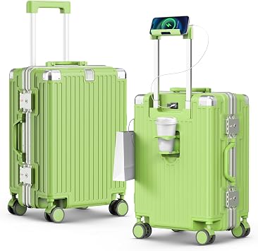 20 Inch Carry On Luggage, Zipperless Aluminum Frame PC Hardside Suitcase with Cup Holder & Charger, Airline Approved TSA Lock & 360 Spinner Wheels for Business Weekend Trip