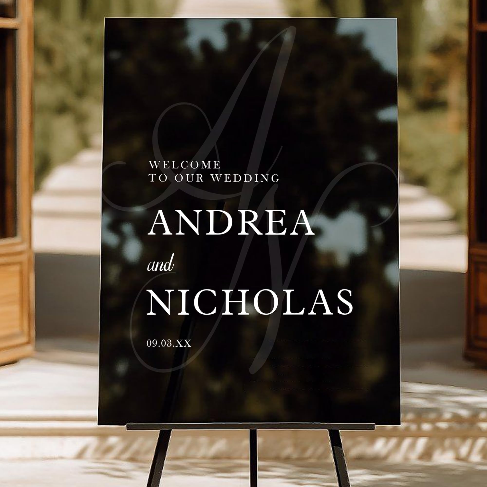 - Custom Wedding Welcome Sign with Large Initial Monogram Overlay | Personalized Black Board with Elegant Script | Unique & Modern Decor.