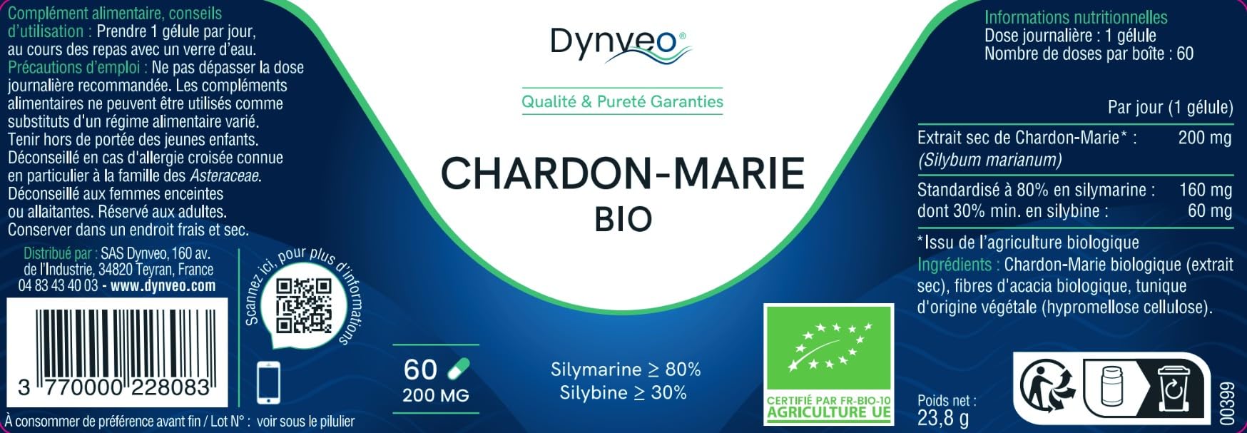 Chardon-Marie BIO - Foie, Digestion & Antioxydant - Silymarine 80% & Silybine 30% - 200 mg - Ultra-concentré Ratio 50:1 - Origine Européenne - 60 Gélules (1 Gélule/Jour = 2 Mois) - France - Dynveo