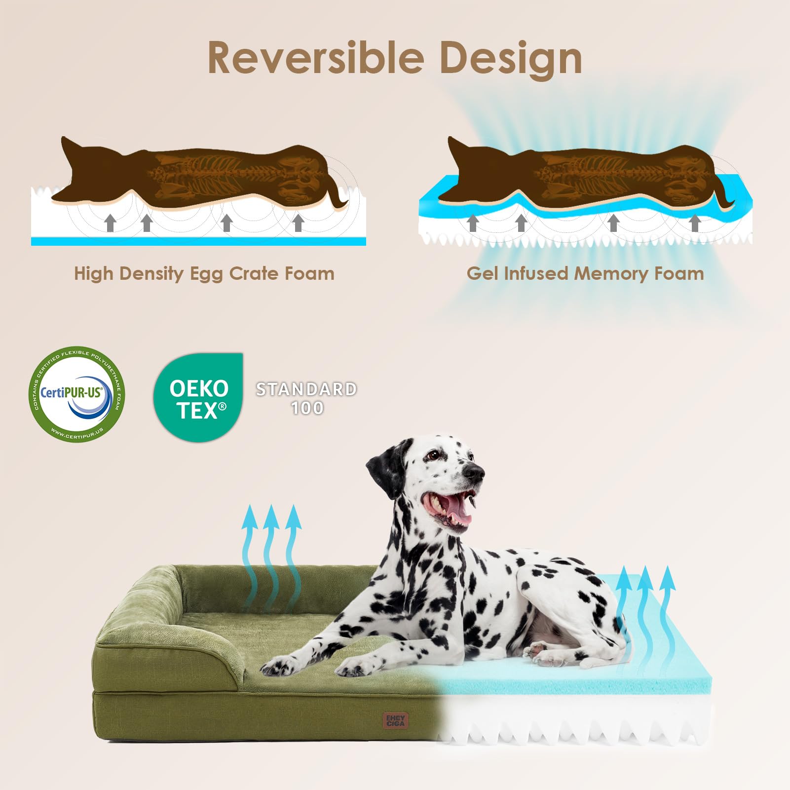 EHEYCIGA Orthopedic Dog Beds for Extra Large Dogs 44x32Inch, Waterproof Memory Foam XL Pet Bed with Sides, Non-Slip and Egg-Crate Foam Big Dog Couch Bed with Washable Removable Cover, Olive Green - image 4