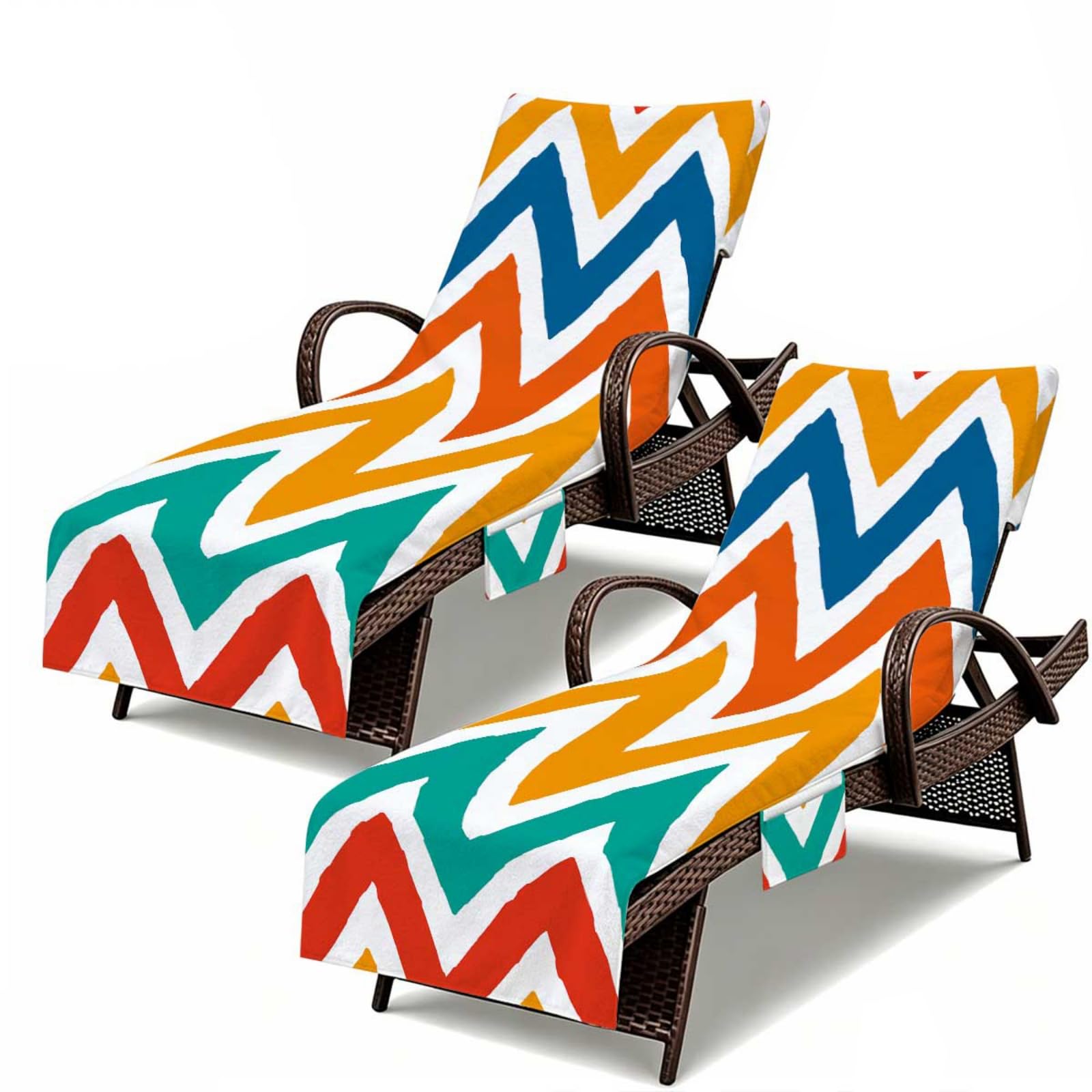 Set di 2 Telo Lettino Mare con Tasche Laterali, Coprilettino da Spiaggia Antiscivolo Asciugamano per Piscina e Giardino, Morbido e Super Assorbente (Riga ondulata 1,74x210cm)