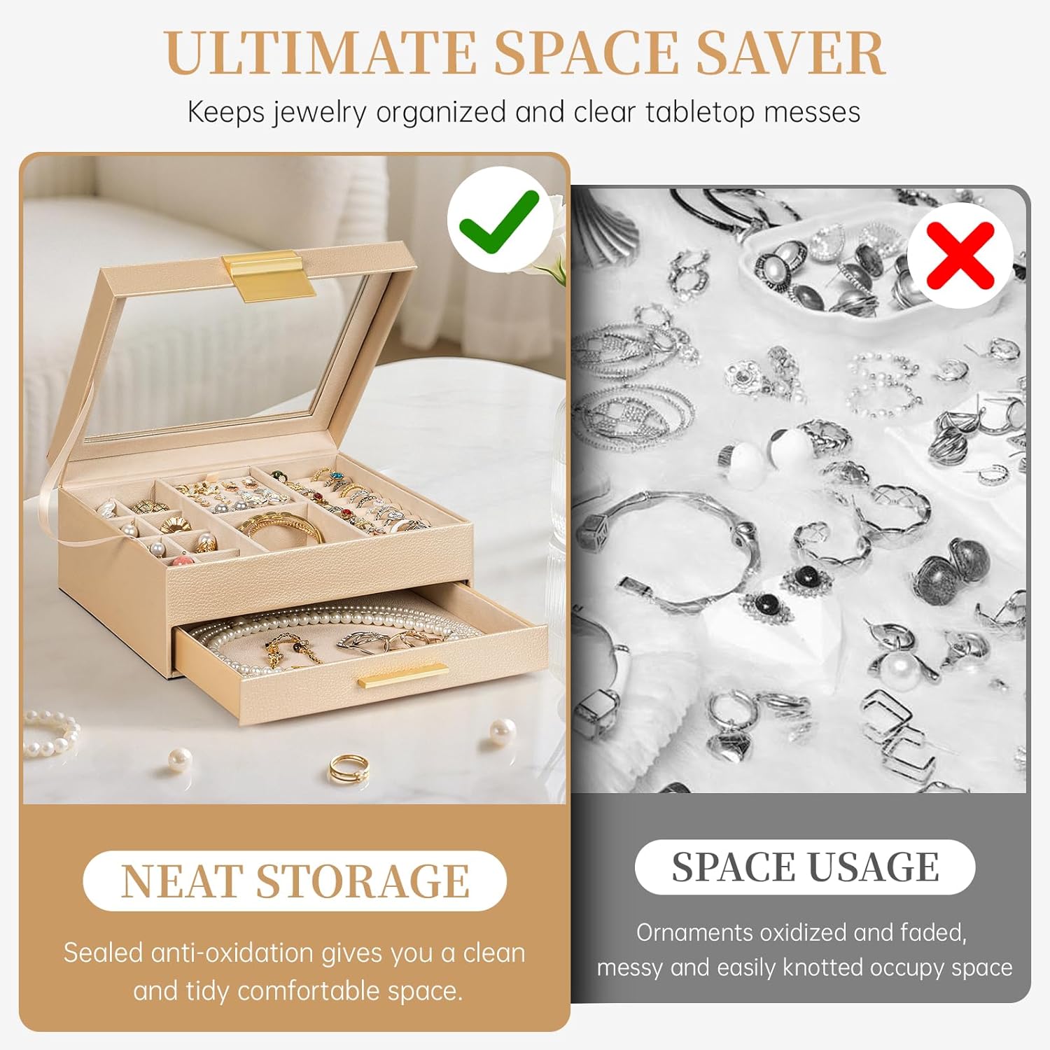 AKOZLIN 2-Tier Jewelry Box with Clear Glass Lid Functional Leather Jewelry Storage Organizer Case 1 Drawers for Women Girls Necklace Ring Bracelet Earring Champagne - Image 8