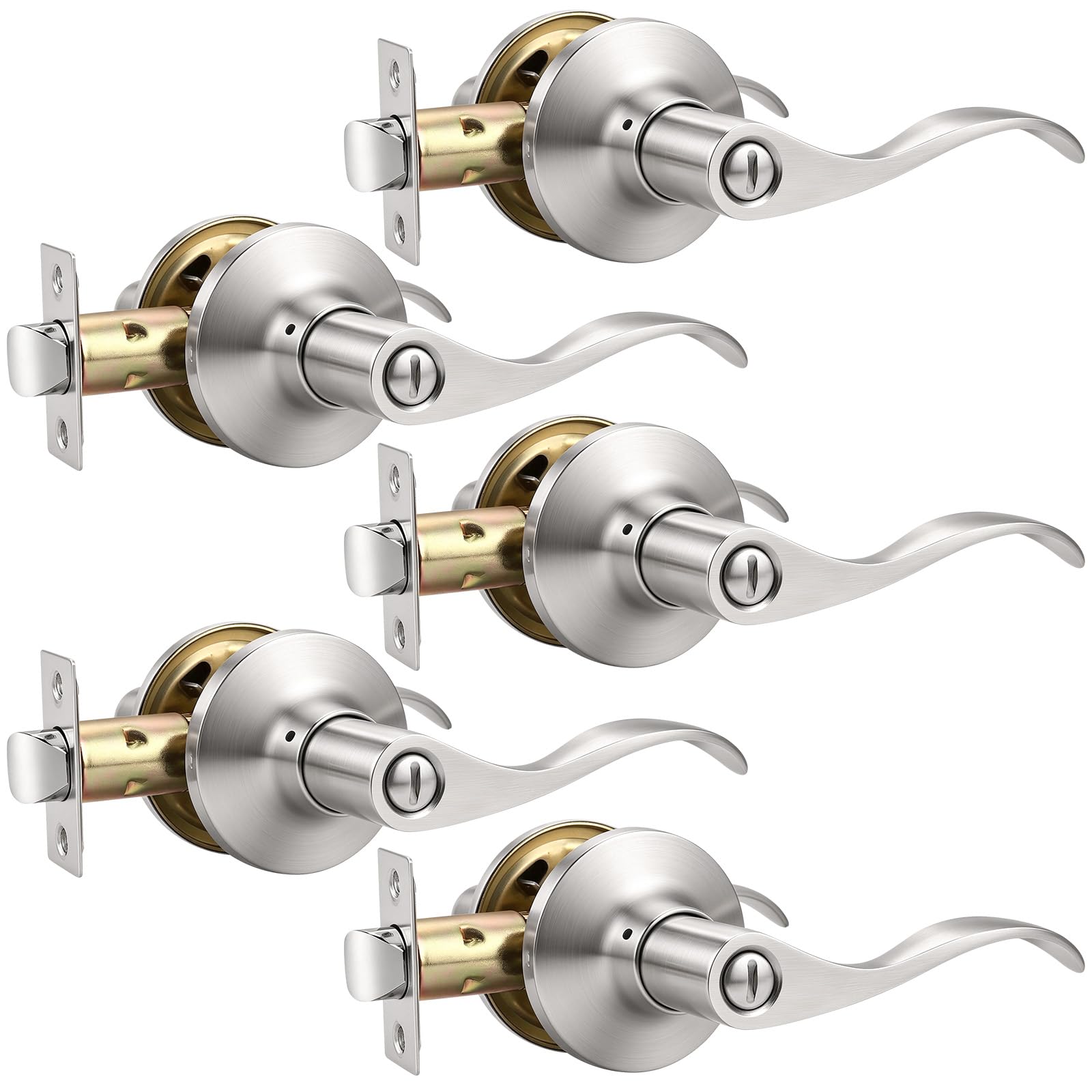 Mengico 5 Pack Satin Nickel Privacy Door Lever, Modern Interior Door Knobs Locks for Bedroom and Bathroom, Heavy Duty Door Handle, Reversible Wave Lever Handle