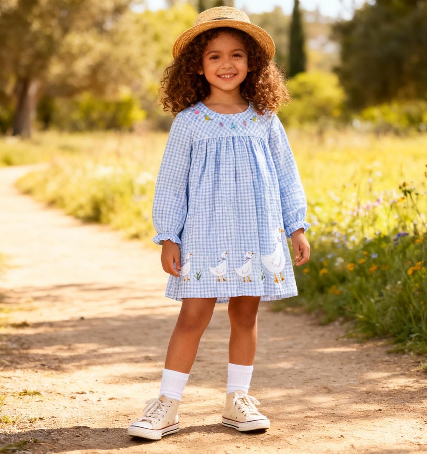 FreeLu Toddler Girls' Cotton Gingham Duck Embroidery Dress Long Sleeve Plaid Casual Dresses for 2-7 Years - Image 2