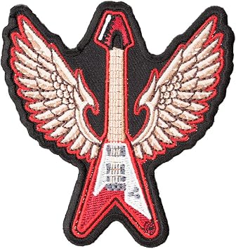 PatchStop V Bass Guitar Wings Red Iron On Patches for Clothing Jeans - 3x3.25in Small DIY Sew On Patch for Jackets Bags - Embroidered Decorative Music Patches