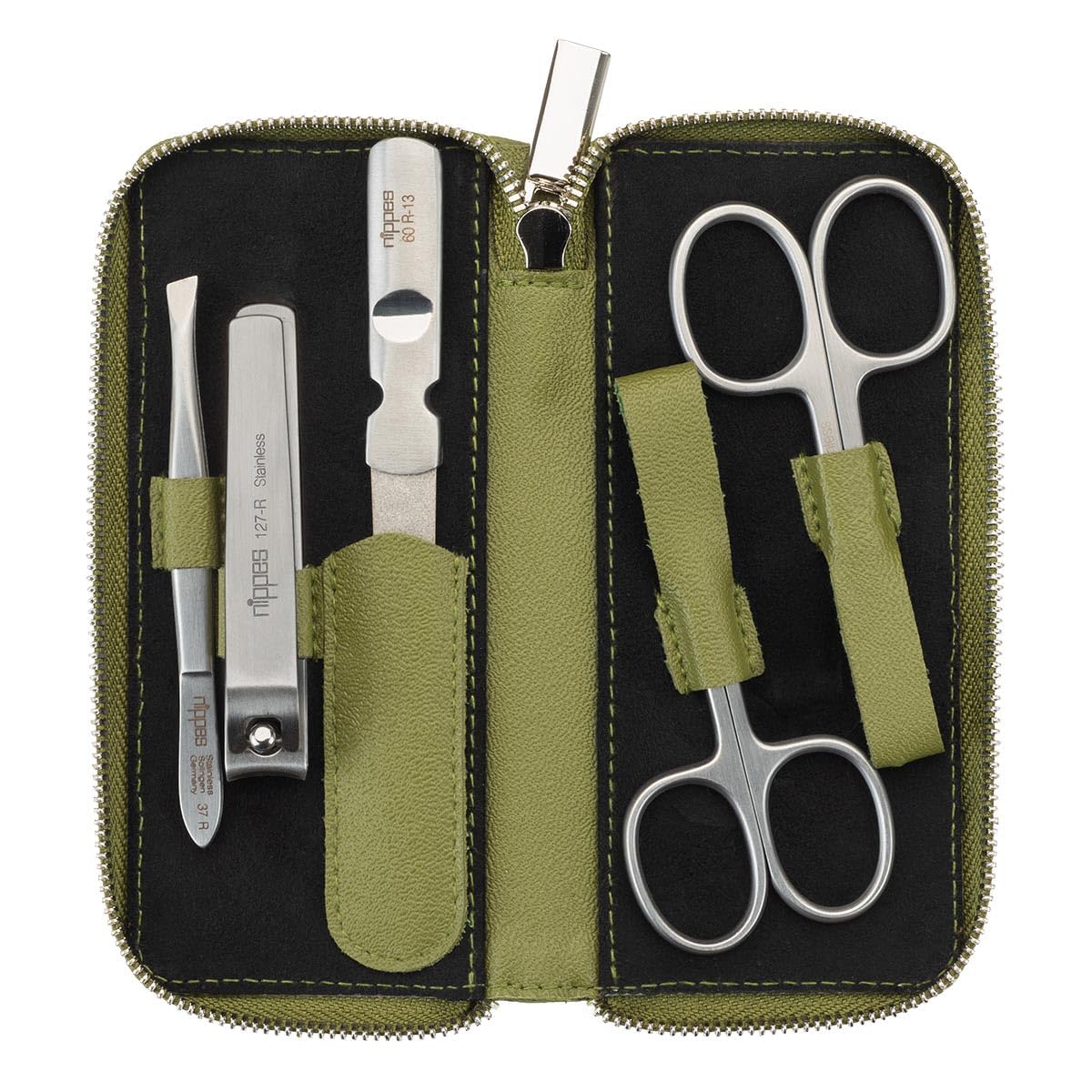 nippes Solingen Set manicure Verde, 5 pezzi, astuccio per unghie in pelle di eucalipto vegana, strumenti in acciaio inox, senza nichel e antiruggine, set per la cura delle unghie, prodotto in Solingen
