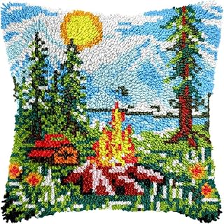 Camping Bonfire Latch Hook Pillow Cover Kits for DIY Handmade Throw Pillow Cross Stitch Latch Hooking Pillowcase Kits with Preprinted Color Pattern Canvas Crochet Yarn Kits 17''X 17''(a30)