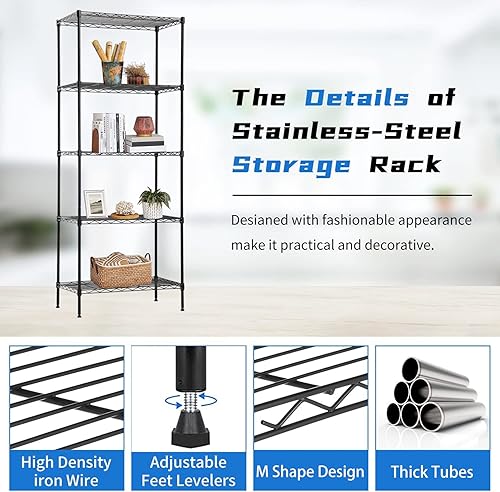 Miniatura 5 de BLKMTY Estantería de alambre de 5 niveles, estante de almacenamiento de metal resistente de 24 x 14 x 60 pulgadas, estante de alambre resistente