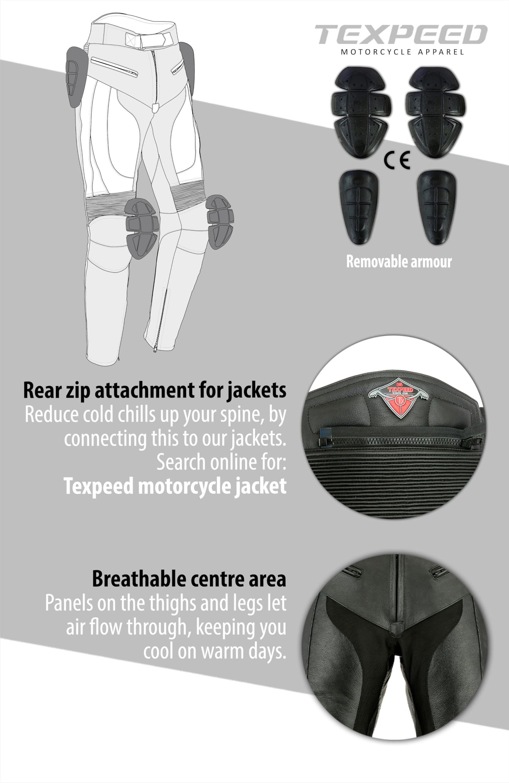 Texpeed RS Sports motorbroek voor heren leer met verwijderbare protectoren - Biker CE bescherming (EN 1621-1) - Texpeed - Zwart - 3XL Taille/Beenmaat Lang