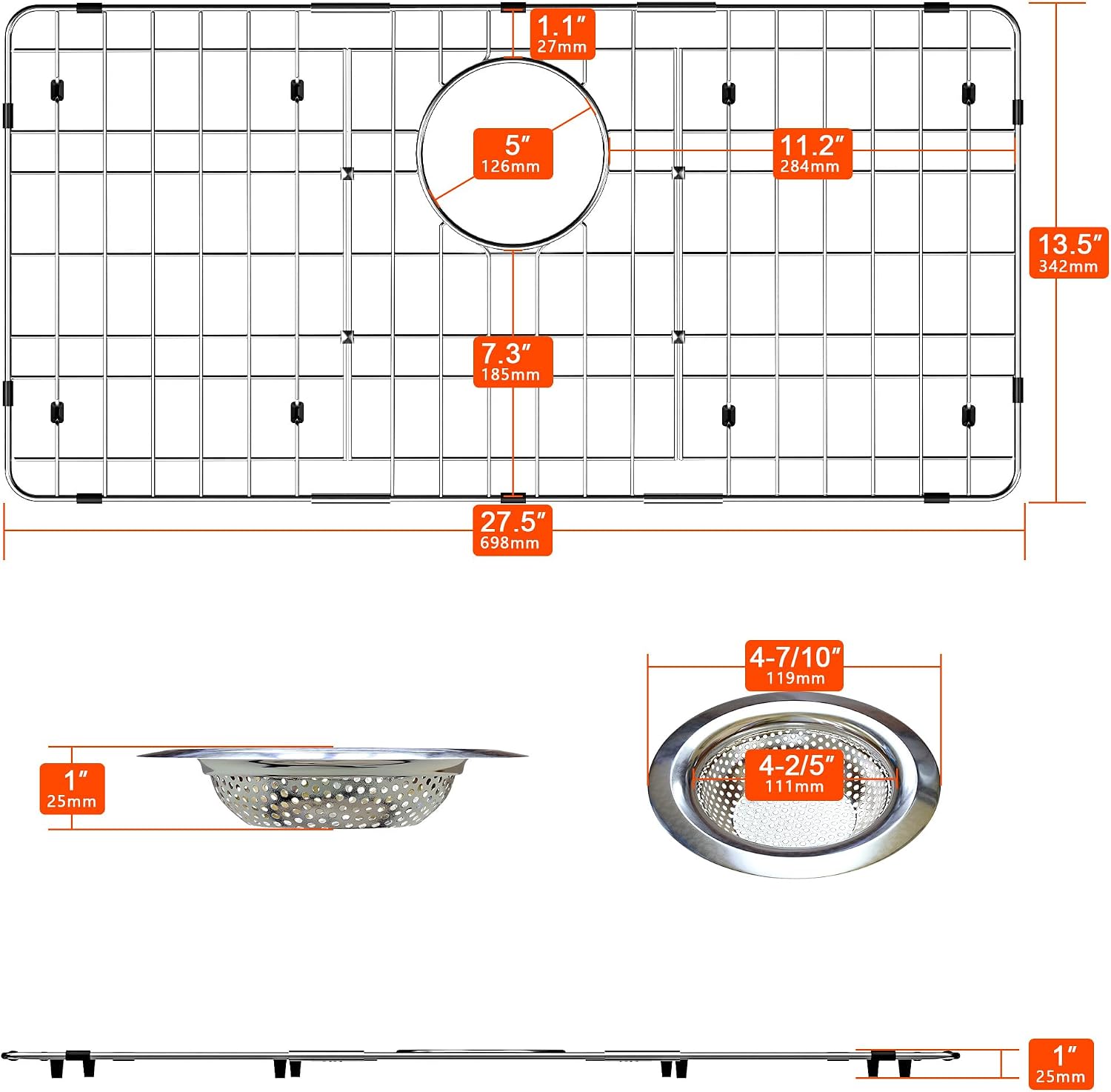Condition photo showing As Is for sink bottom grid 27.5" x 13.5", rear drain with corner radius, sink grid stainless steel sink protectors for kitchen