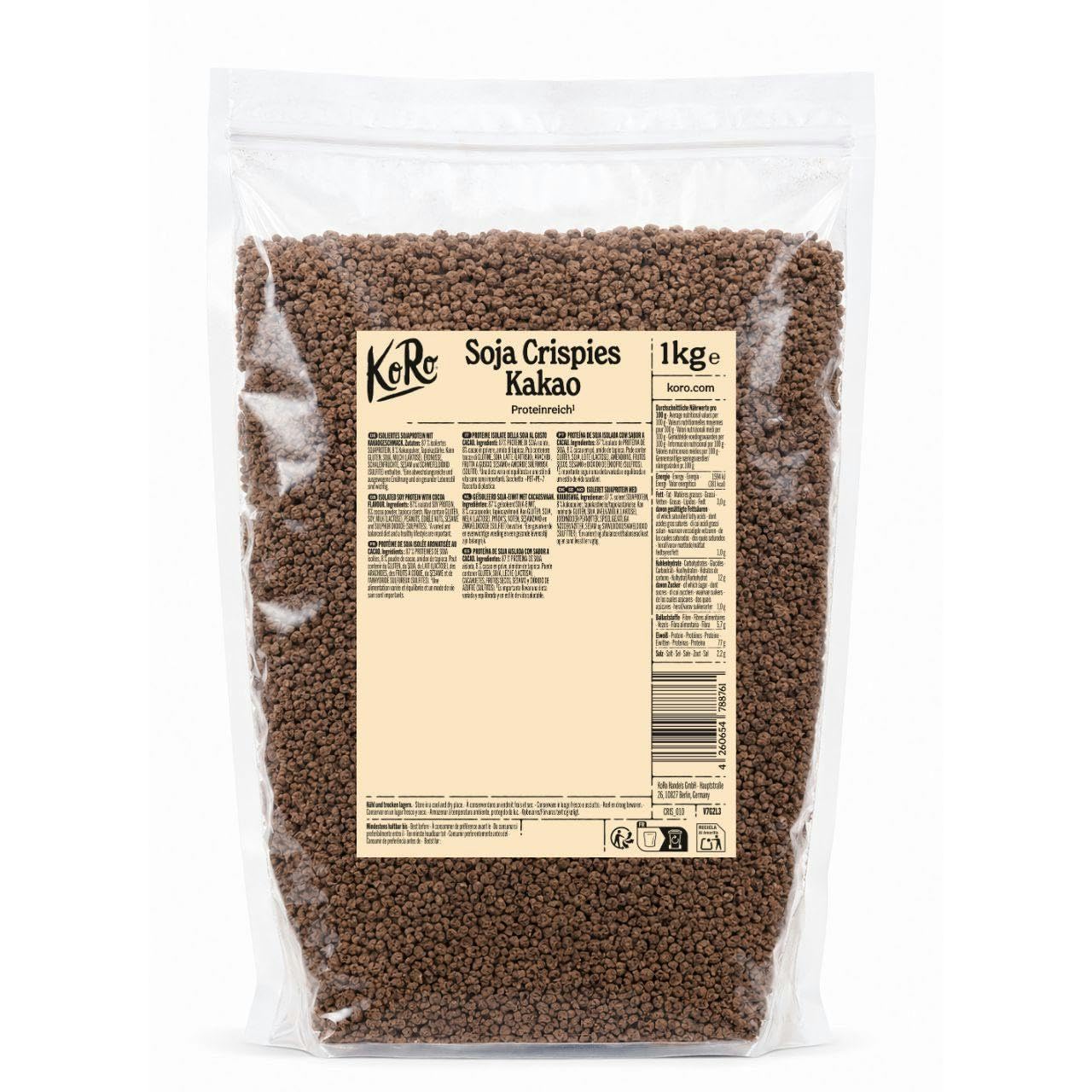 KoRo - Soja Protein Crispies 77% mit Kakao 1 kg - Reich an Protein - Knusprig im Biss - Vegan