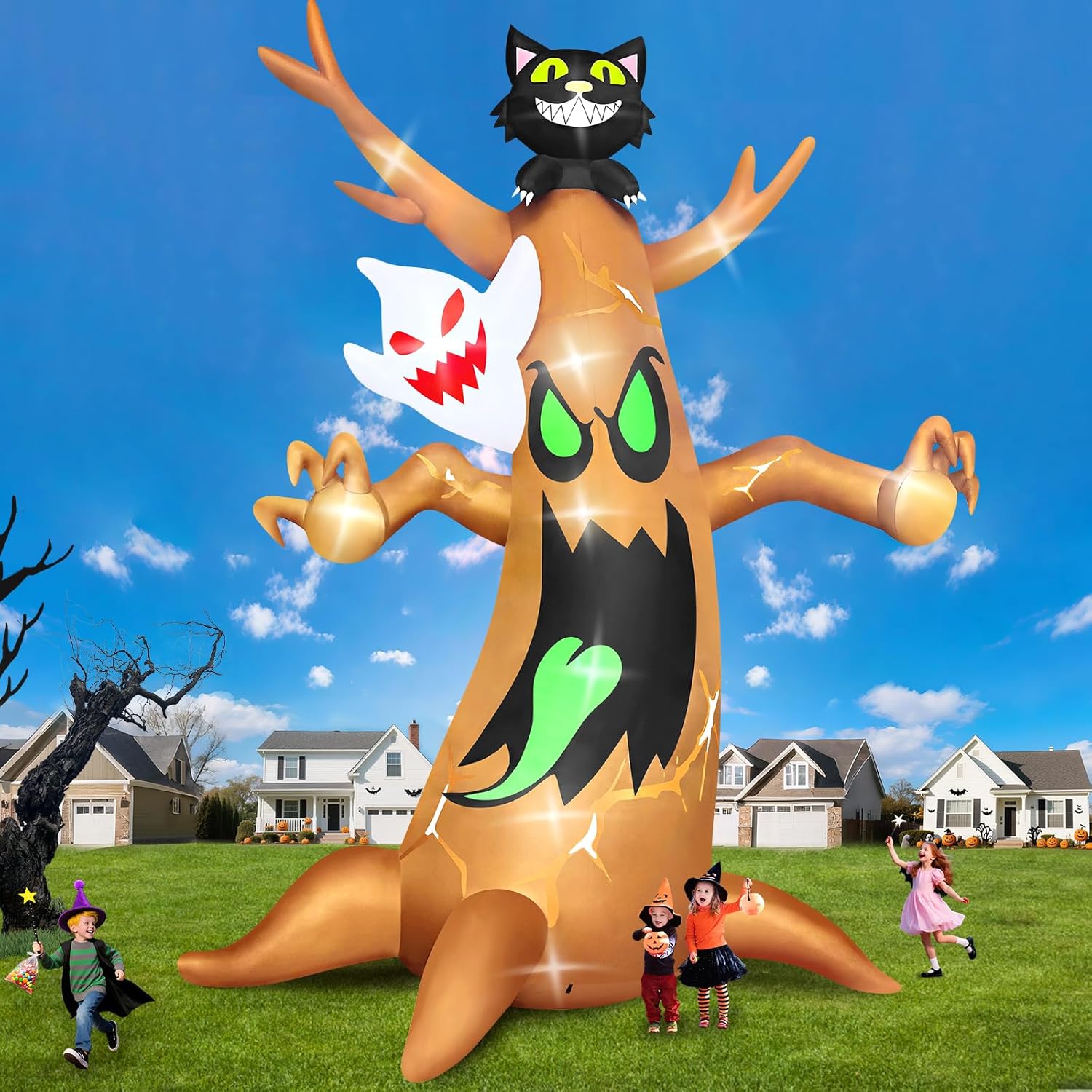 20FT Halloween Inflatable Tree with LED Light, Kalolary Giant Ghost Tree Inflatable Halloween Blow-Up Outdoor Decoration Black Cat Halloween Yard Inflatable for Courtyard Lawn Shopping Mall Street 20FT Halloween Ghost Tree