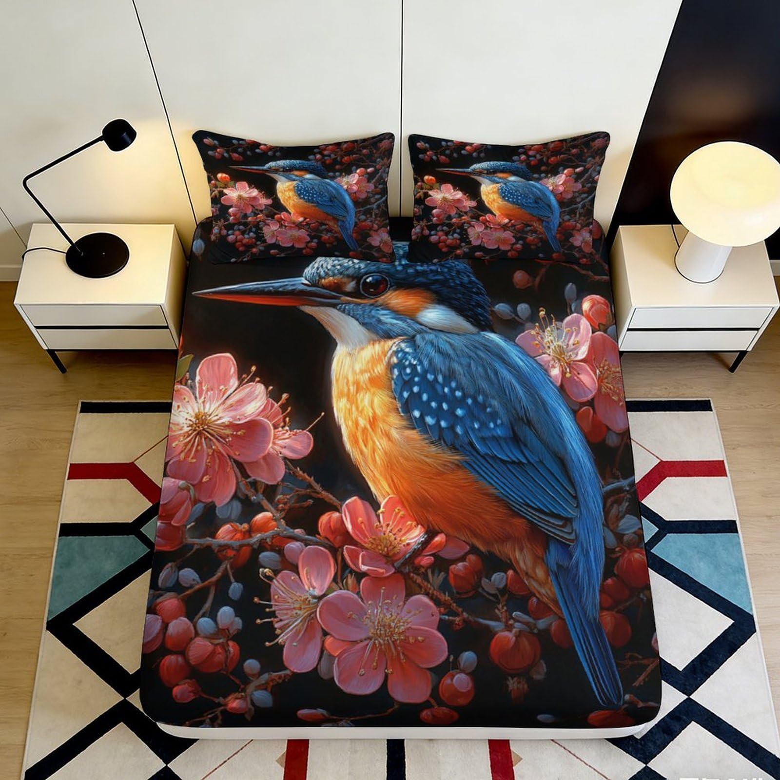 3D Printed Kingfisher Bird Fitted Sheet Microfiber Soft Durable Floral Bed Cover for Bedroom Dormitory Guest Room Mattress Protection 200x200x25cm
