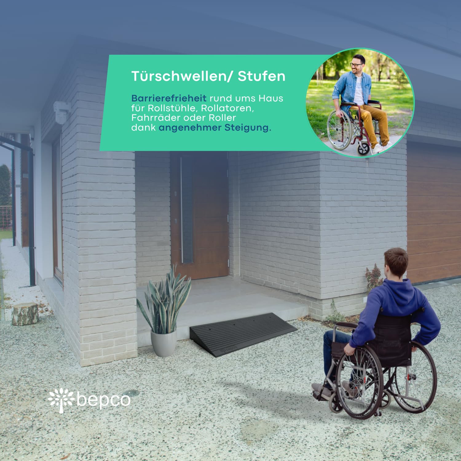 bepco Premium Schwellenrampe - Auffahrrampe aus recycltem Gummi, mit eingelagerten Unterlegscheiben für Terassen, Türschwellen, Bordsteinkanten, Treppen (ohne Befestigung, 100 x 35 x 10 cm)