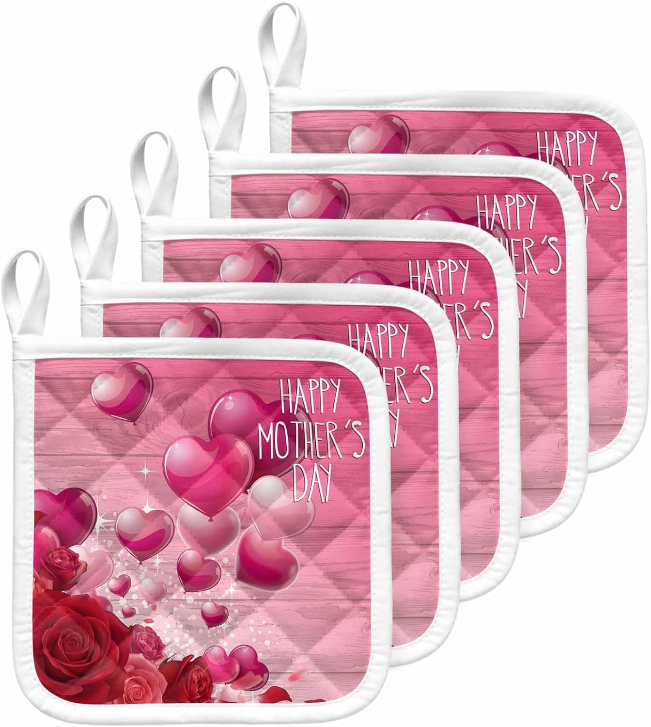 Mother's Day Pot Holders for Kitchen Heatproof Potholder, 5 Pack Chic Rose Flowers Love Heart Wooden Grain Hot Pads Multipurpose Oven Pads Cloth Potholders Trivet for Cooking Baking