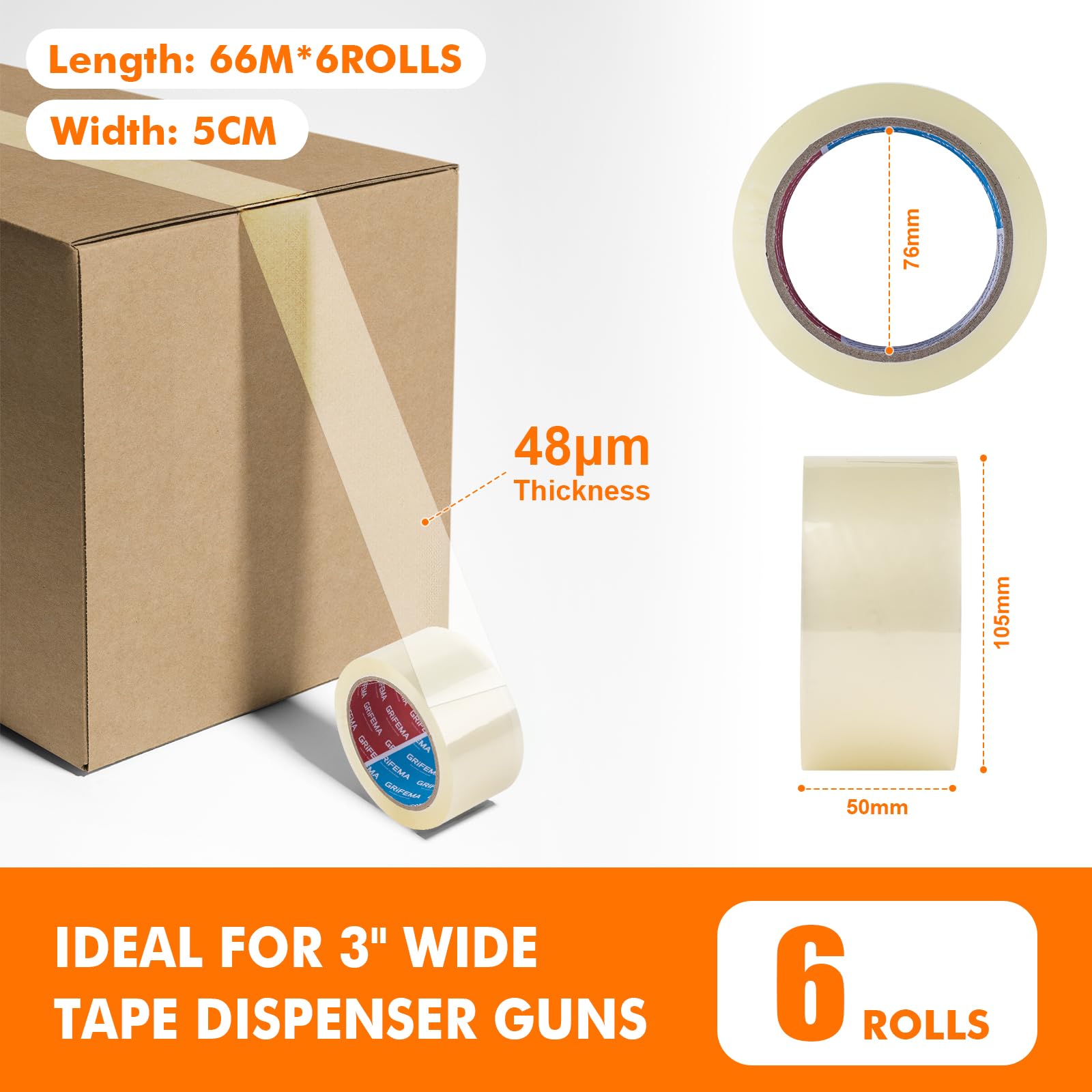 GRIFEMA GA4003-6, Cinta de Embalaje Silenciosa para Embalar Cajas de Cartón para Envíos y Mudanzas, Transparente, 66 m x 50 mm, 6 Rollos