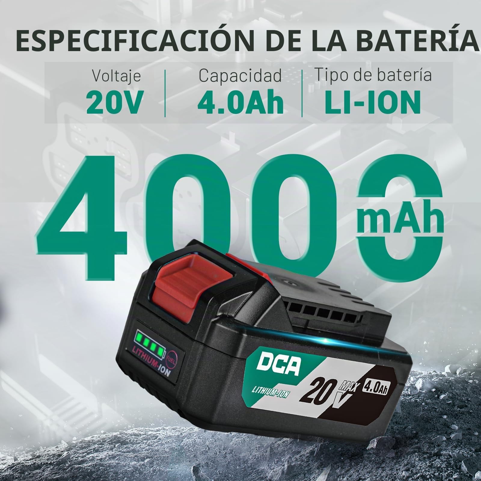 DCA Batería de iones de litio de 20V MAX, paquete de batería de 4,0Ah de alta capacidad, herramienta de batería compacta de 20V, 590g (FFBL2040)