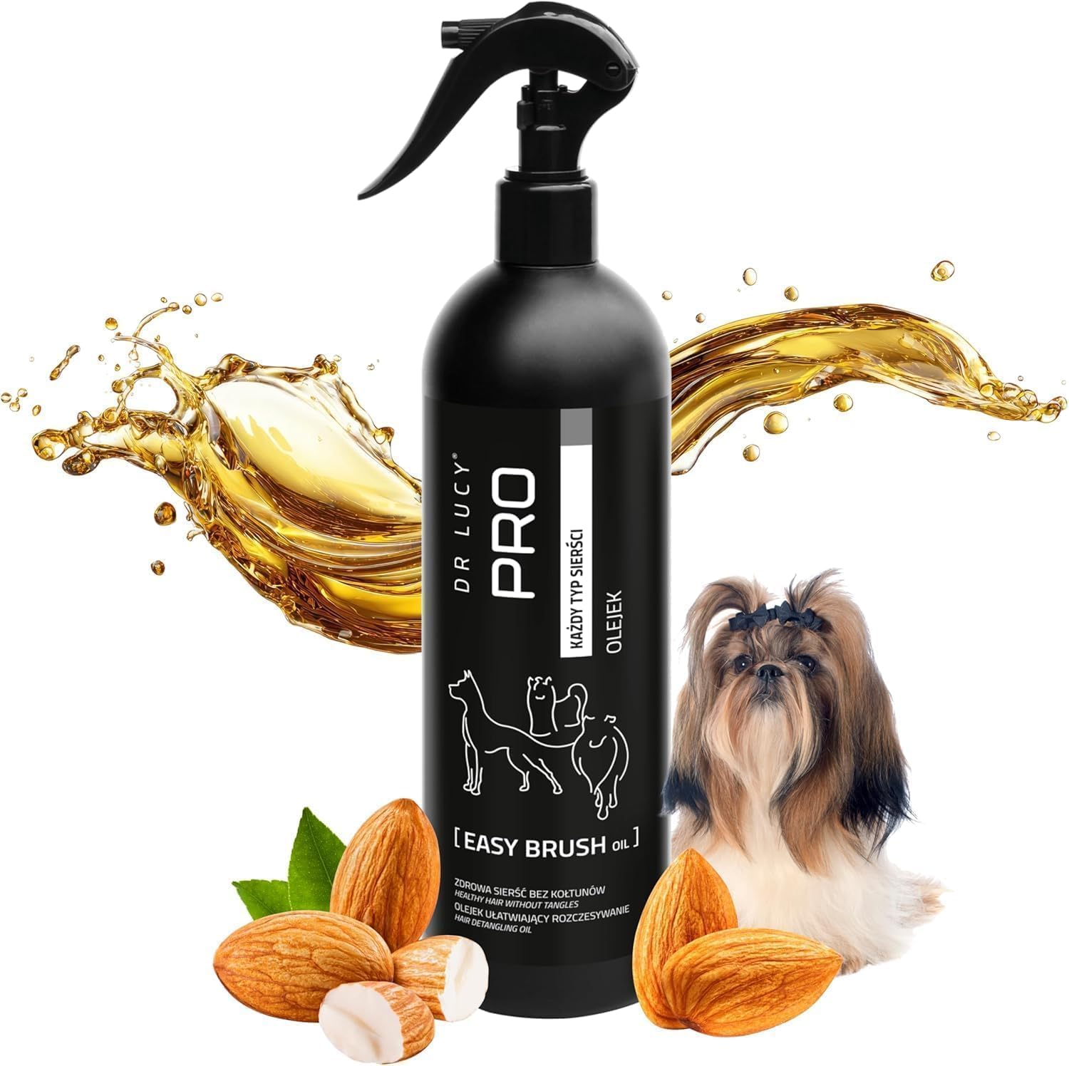 DR Lucy Pro Easy Brush Oil 500 ML Huile démêlante - Concentré | Huile démêlante pour chien avec huile d’amande et vitamine E pour le soin nourrissant du pelage
