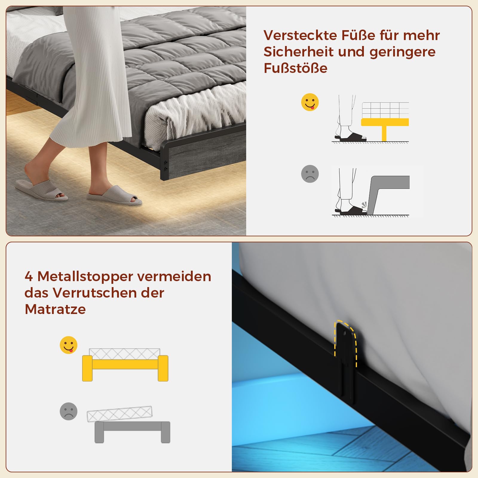 KIMENICH Bett 140 x 200, Bett mit LED-Beleuchtung, Polsterbett 140x200, Schwebender visueller Effekt, Ladestation, Bettgestell mit Lattenrost, für Schlafzimmer, Gästezimmer, Leinenstoff Grau