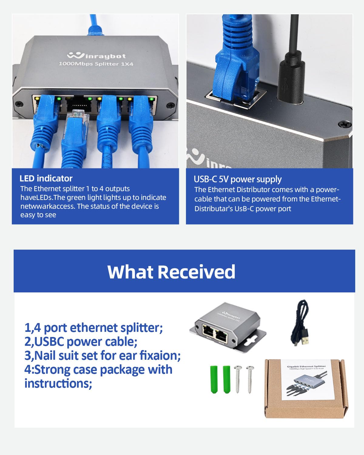 Répartiteur Ethernet 1 vers 2 - Répartiteur de câble Ethernet RJ45 fixable - Commutateur Ethernet 2 ports - 1000 Mbit/s - Pour câble Cat 5/5e/6/7/8, peut être fixé au mur