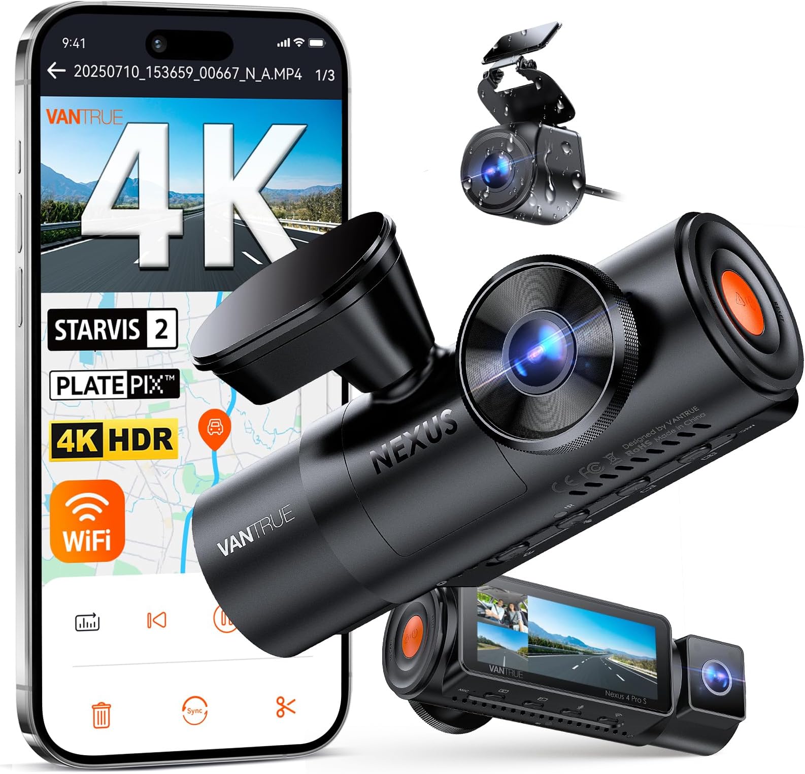 N4 Pro S 4K 3 Channel Dash Cam for Truck, 4K+1080P+2.5K Front Inside Rear Camera, Triple STARVIS 2 HDR IR Night Vision, IP67, Voice Control, Parking Mode, GPS, Wi-Fi, Support 1TB (RC09)