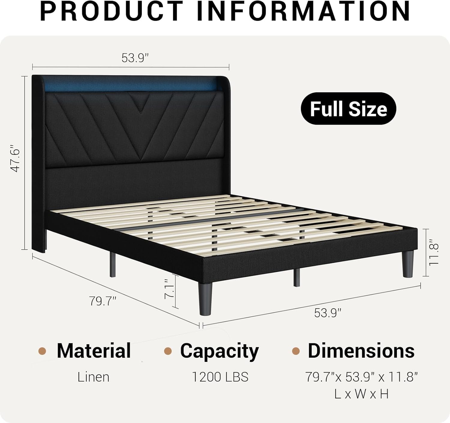 Full Size Upholstered Bed Frame with LED Light and Charging Station Headboard Metal Platform Bed Frame with Reinforced Support Legs,No Box Spring, Noise Free, Easy Assembly (Black Linen, Full) - Image 2