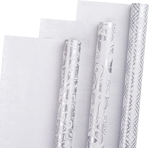 Miniatura 6 de LeZakaa Rollo de papel de regalo plateado, elegante papel de aluminio metálico con patrón floral y cuadros para boda, aniversario, cumpleaños, día