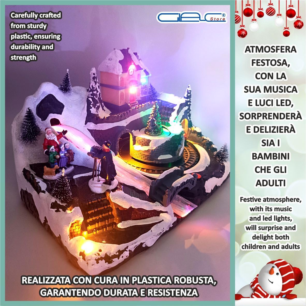 Villaggio di Natale Animato con Stazione Ferroviaria, Luci, Musica e Movimenti, 29,8 cm