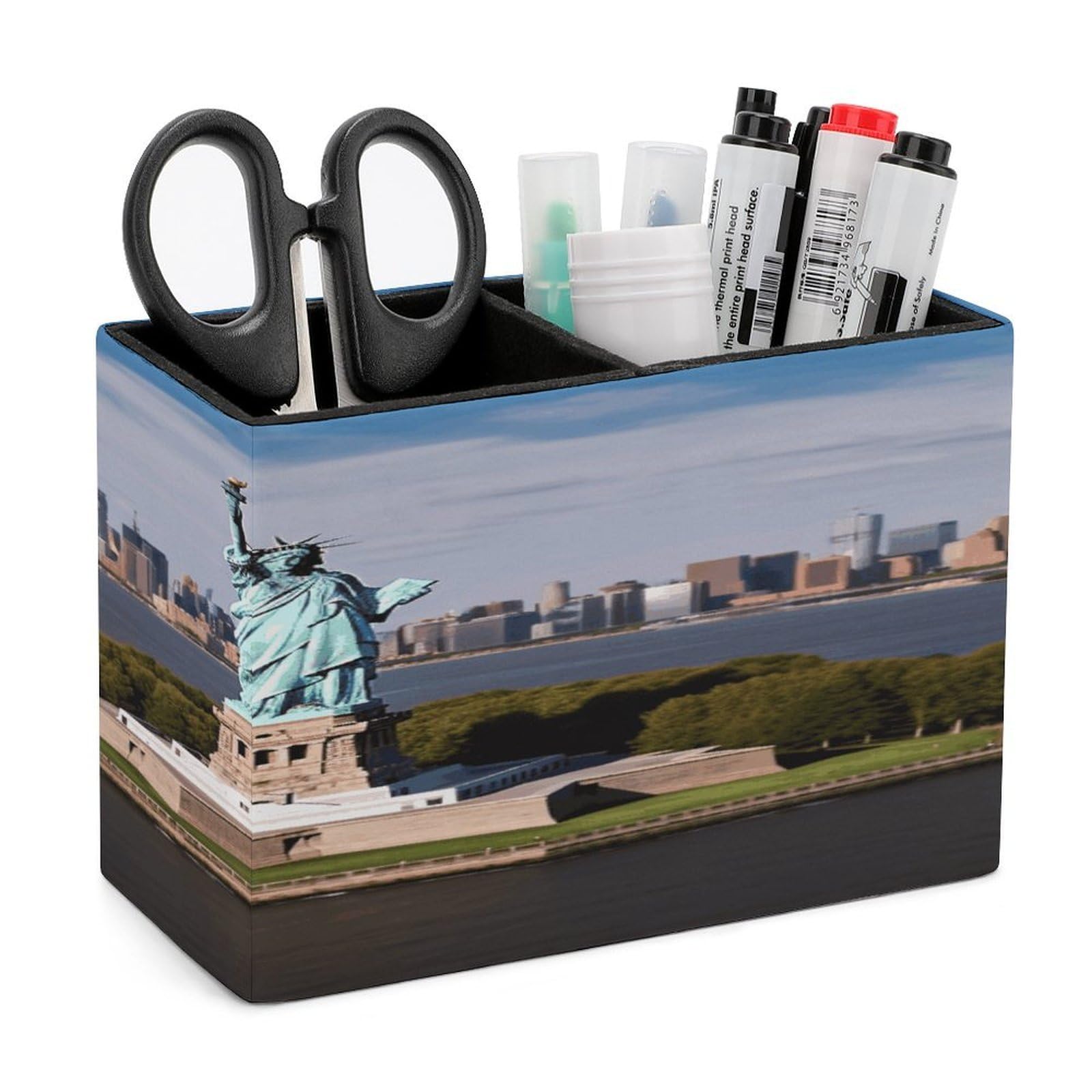 VstaDank Statue of Liberty in NYC Pen Holder Double Compartments Pen Cup Fashion Makeup Brush Holders Leather Pencil Holder for Work Locker Accessories Modern Pencil Cup for Desk Organizer