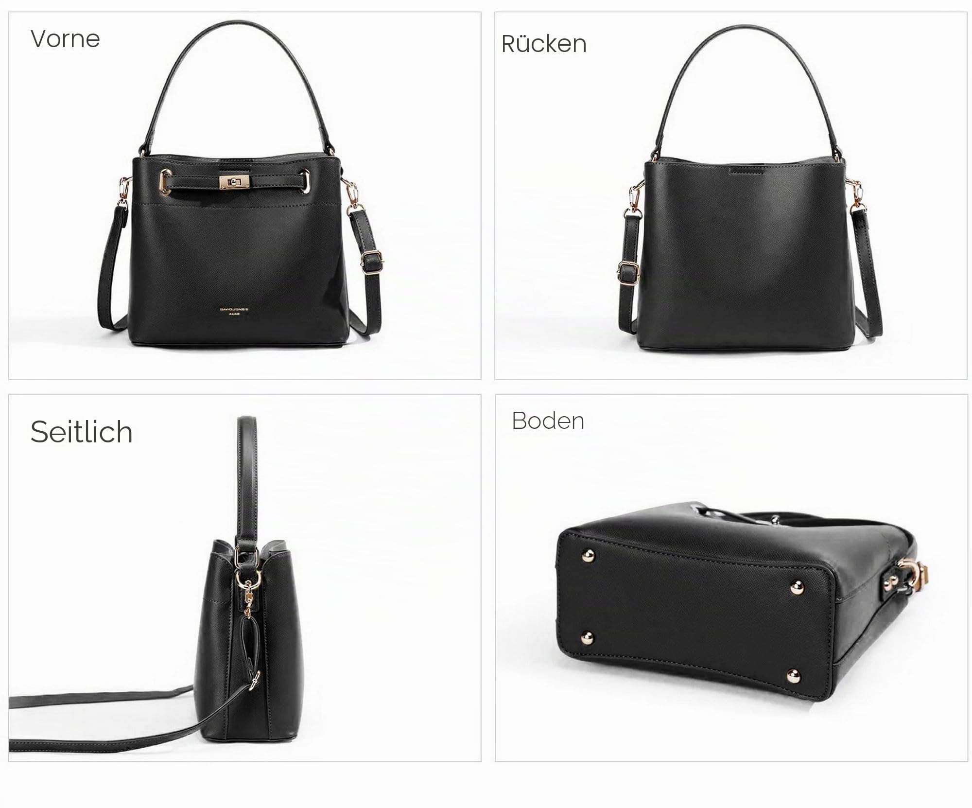 David Jones - Bucket Bag Damen, Beuteltasche Eimertasche PU Leder | Mittelgroße Umhängetasche, Schultertasche mit 3 Fächern, Elegante Tasche, Stilvolle Handtasche, Modische Henkeltasche Alltag
