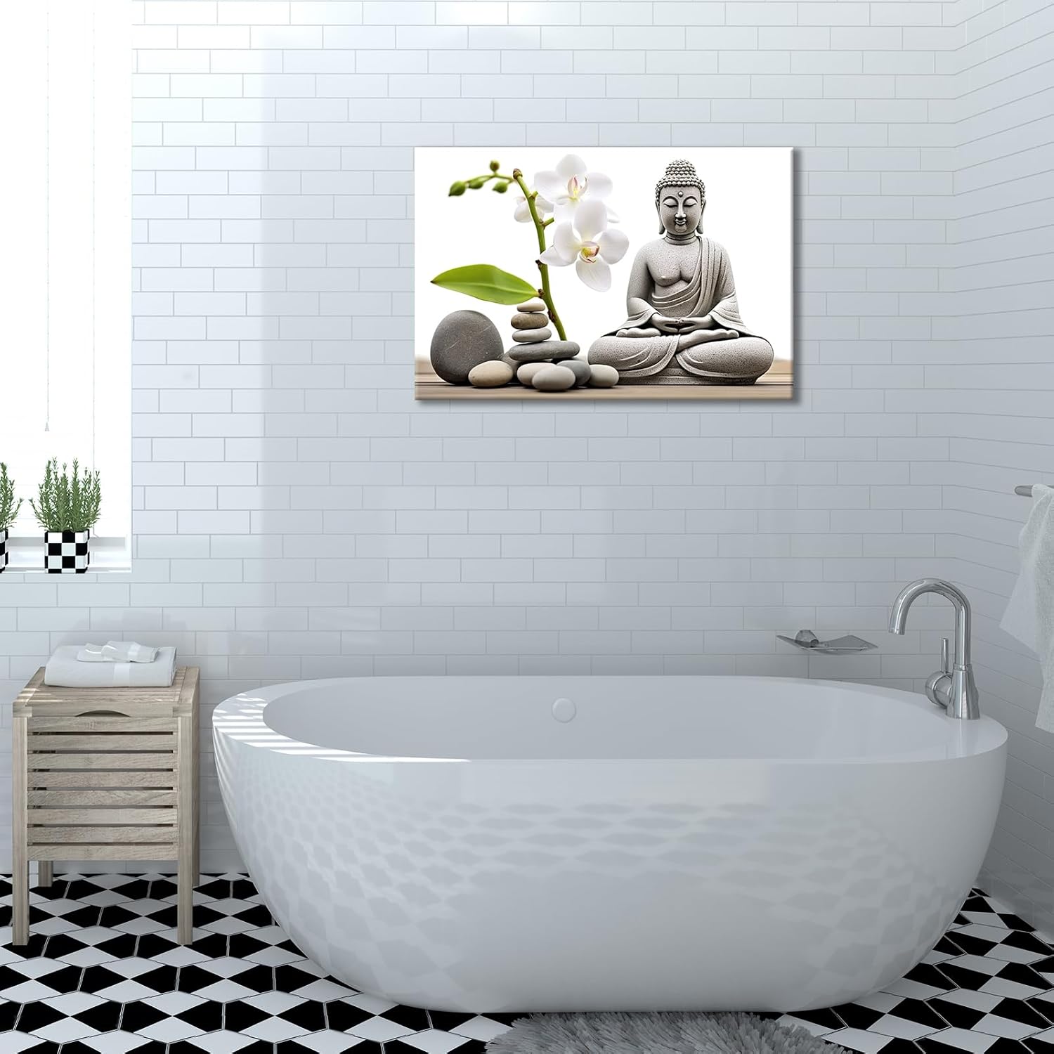 GLOKAKA Buddha Canvas Wall Art Zen Wall Decort Buddha with Stone Zen White Orchid Peaceful Pictures Giclee Wall Artwork for Bedroom Home Decor