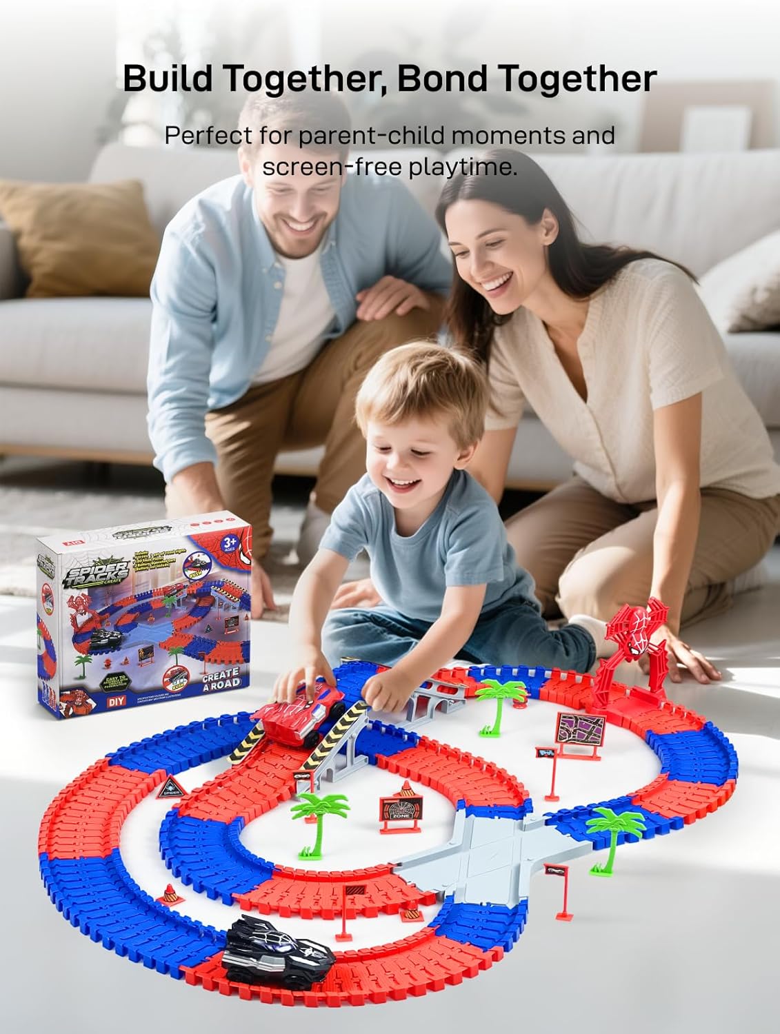 Spider Toys for Ages 5-7, Spider Race Track with 2 pcs Spider Cars Toys for 3 4 5 6 Year old Boys Girls DIY Flexible Tracks Playset Creative STEM Building Car Tracks for Kids Age 3-5 6-8 Birthday Gift