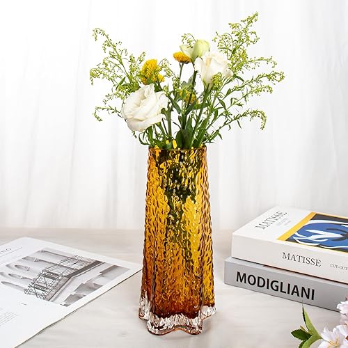 Miniatura 5 de Floreros de vidrio ámbar grueso para centro de mesa (H 9 pulgadas de diámetro 4 pulgadas) jarrones de vidrio para flores, decoración de mesa,