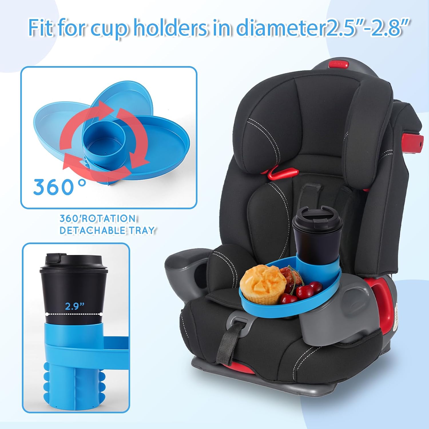 Car Seat Tray - for Cup Holders in 2.5”-2.8”,Car Seat Snack Tray Cup Holder Tray into 360° Cup & Travel Tray for Kids Car Seat, Booster, and Stroller(Blue)