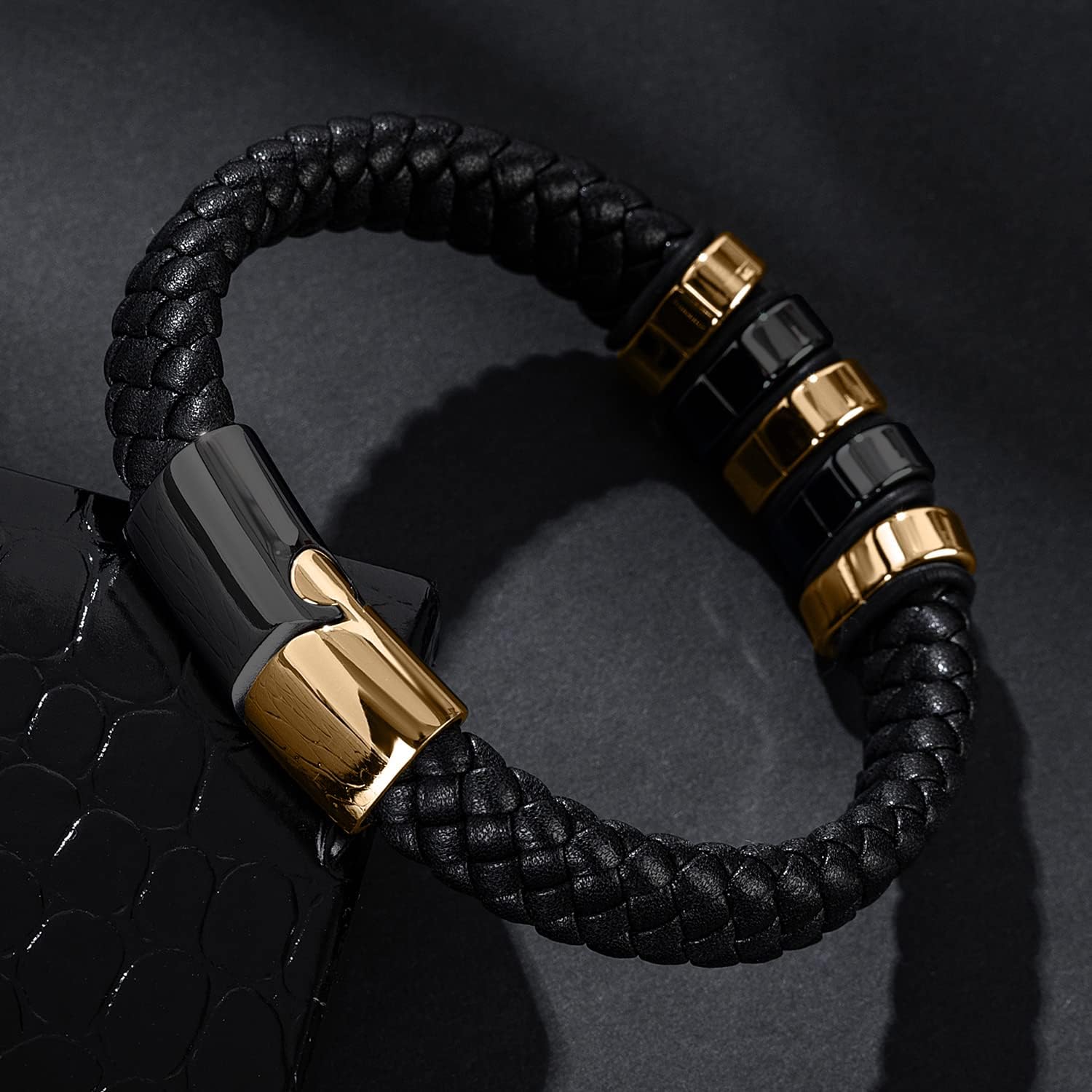 Leather Bracelet for Men Braided Cuff Wristband Stainless Steel Clasp in Silver and Gold Jewellery Gift - Image 5
