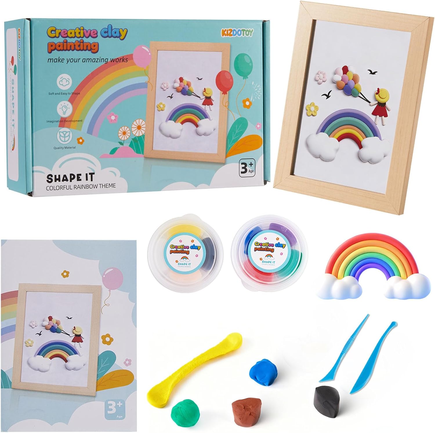 DIY Picture Frame Clay Art Kit for Kids - Rainbow Theme Air Dry Clay Set with Wooden Frame, Tools & Tutorial Cards, Creative Arts and Crafts Gift Set for Children Ages 3+
