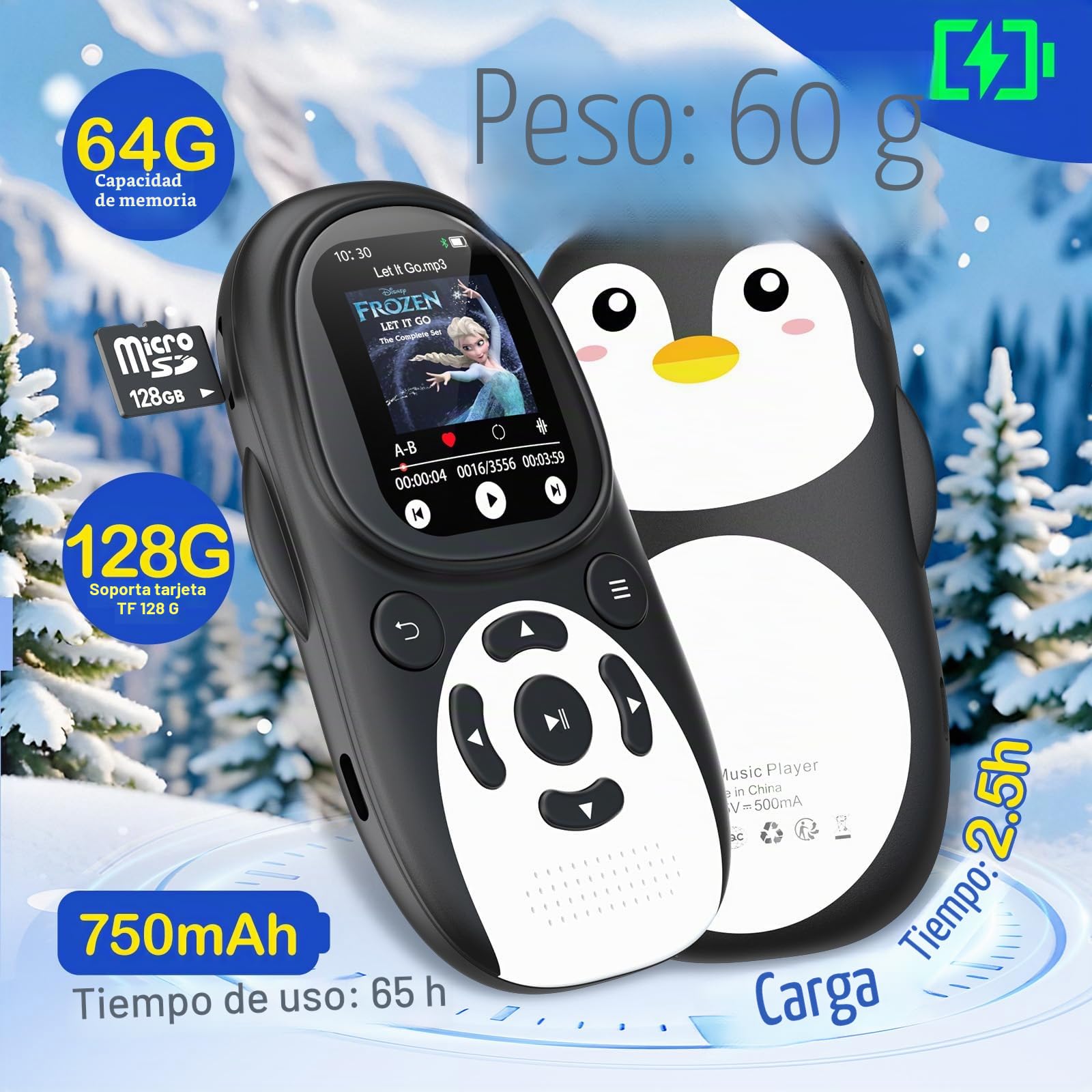 64GB Reproductor MP3 Infantil, Bluetooth 5.3 Diseño Pingüino con Pantalla IPS 2'', Altavoz Integrado, Radio FM, Batería 750mAh, Correa Ajustable, Regalo para Niños，Ampliable 128GB