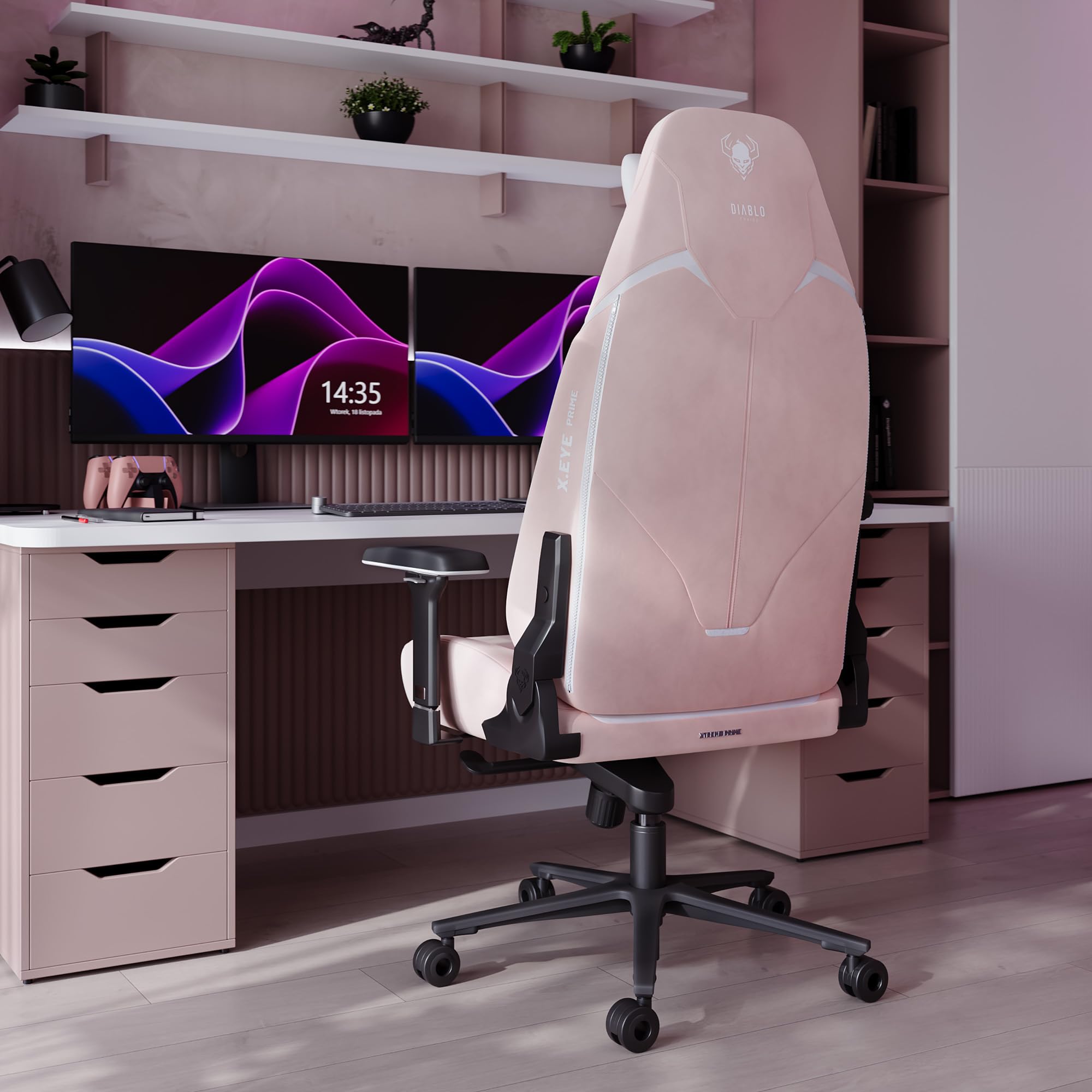 Diablo X-Eye Prime Fotel Gamingowy Ergonomiczny z Chłodzącym Siedziskiem, Magnetycznym Zagłówkiem Memory, Podparciem Lędźwi ProSpine i Podłokietnikami 4D - 140 kg - Akira Pink