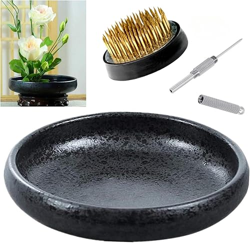 Kit de jarrón japonés Ikebana, recipiente poco profundo de cerámica, jarrón Ikebana con rana de flores de 1.57 pulgadas y rana floral, herramienta