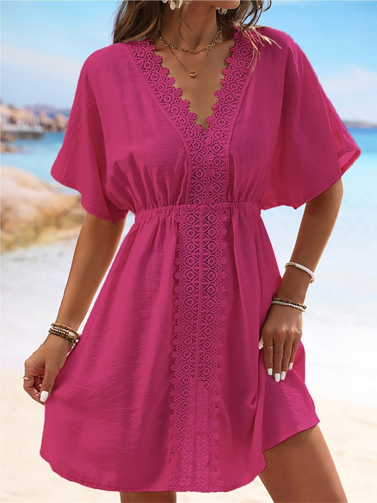 Robe de plage en dentelle à manches courtes et col en V pour femme