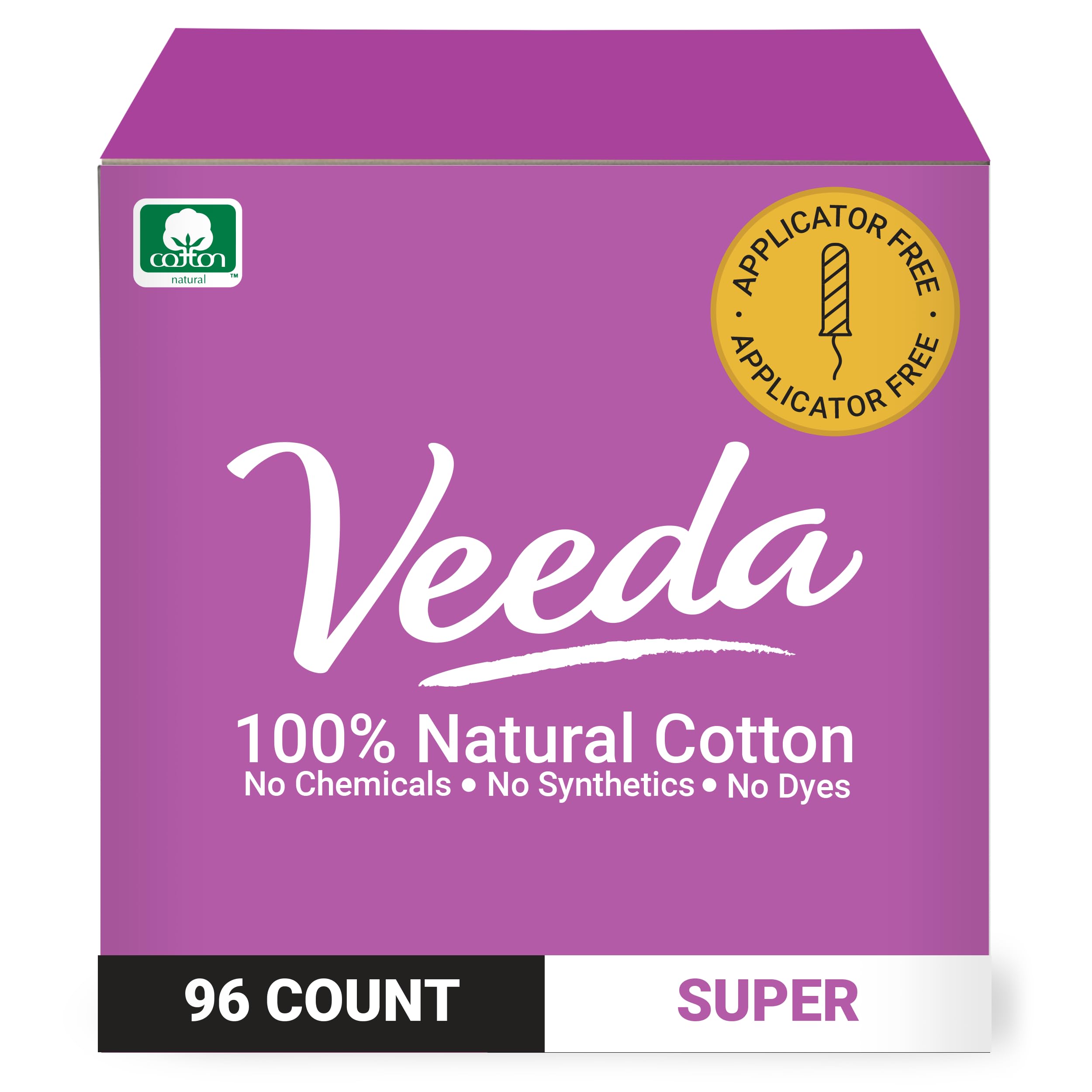 Veeda 100% Natural Cotton Tampons Super Absorbency - Non-Applicator Tampons with leak proof protection - Unscented, Chlorine & Toxin Free - 96 Count
