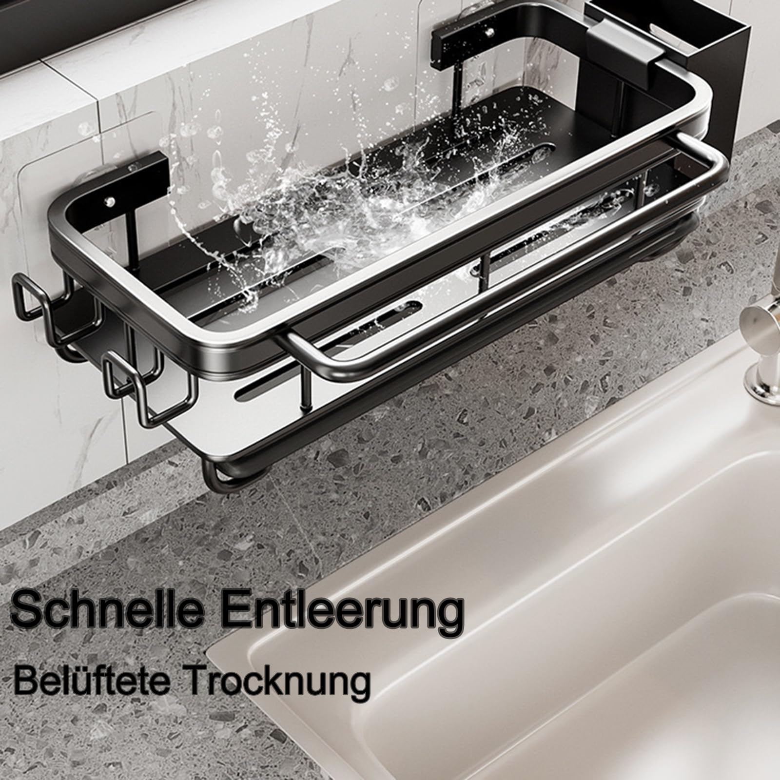Küche Spülbecken Organizer Schwammhalter mit Abflusspfanne Küchen Spüle Organizer mit Spültuchhalter und Zwei Haken，Metalle Hängender Küchenorganizer Badezimmer - Ohne Bohren (Schwarz)