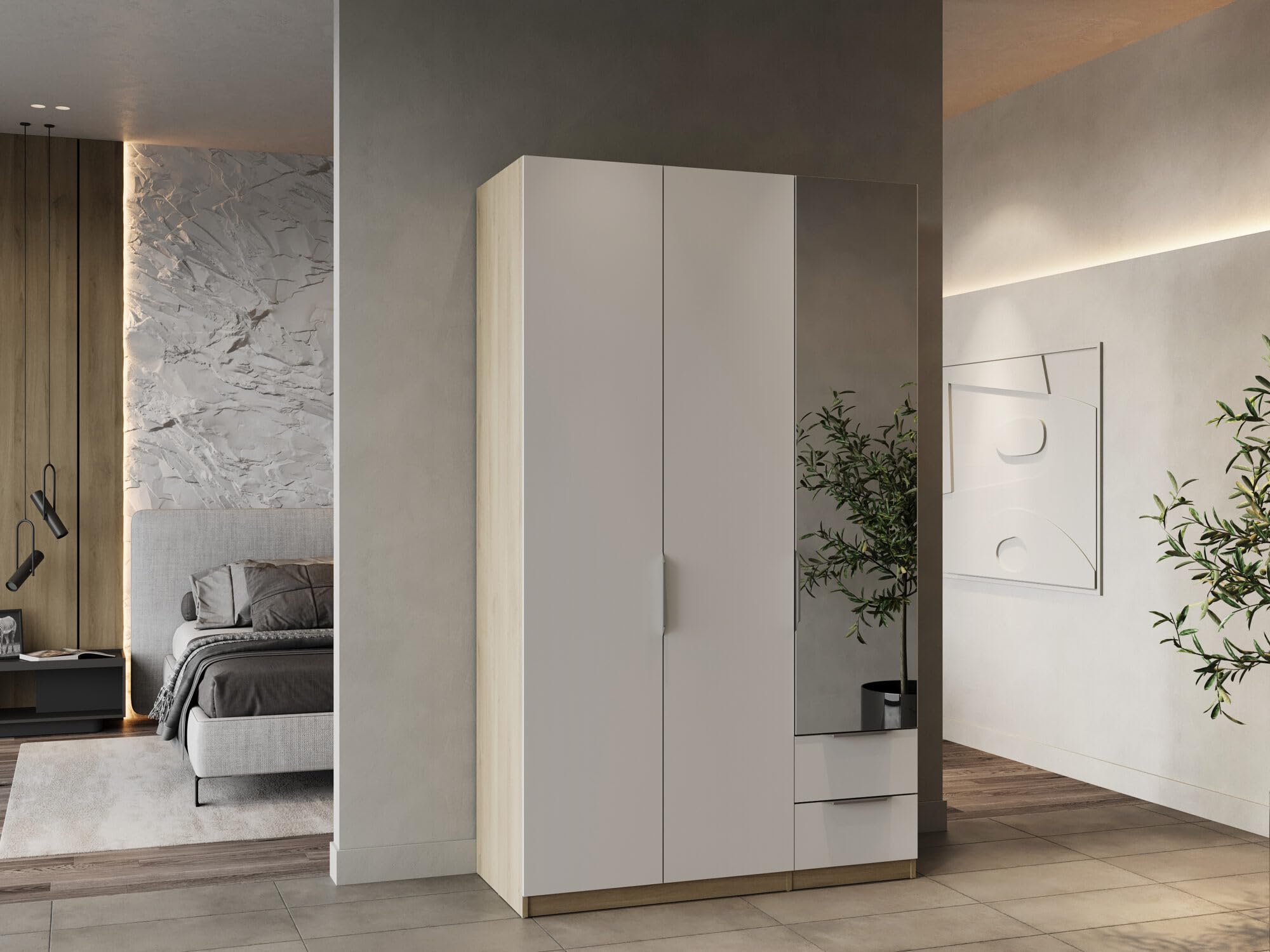 Armoire GHOST - Décor chene kronberg et blanc mat - 3 Portes + 2 Tiroirs + 1 miroir - L.119,4 x P.51,1 x H.203 cm - DEMEYERE