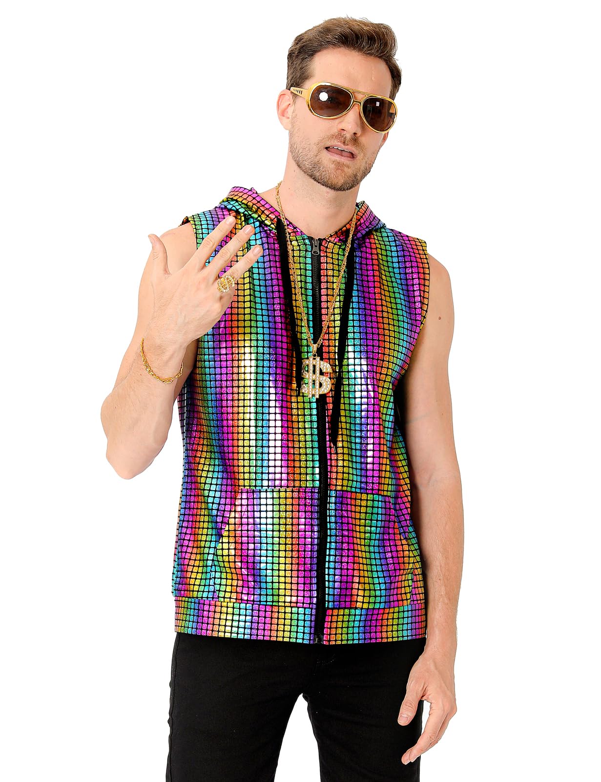 COSAVOROCK Sleeveless Hoodie Zip Up Vest for Men Disco 70s Sequins Metallic Fancy Dress Rainbow Outfit Pride Tshirt, Multicoloured, XL - Image 4