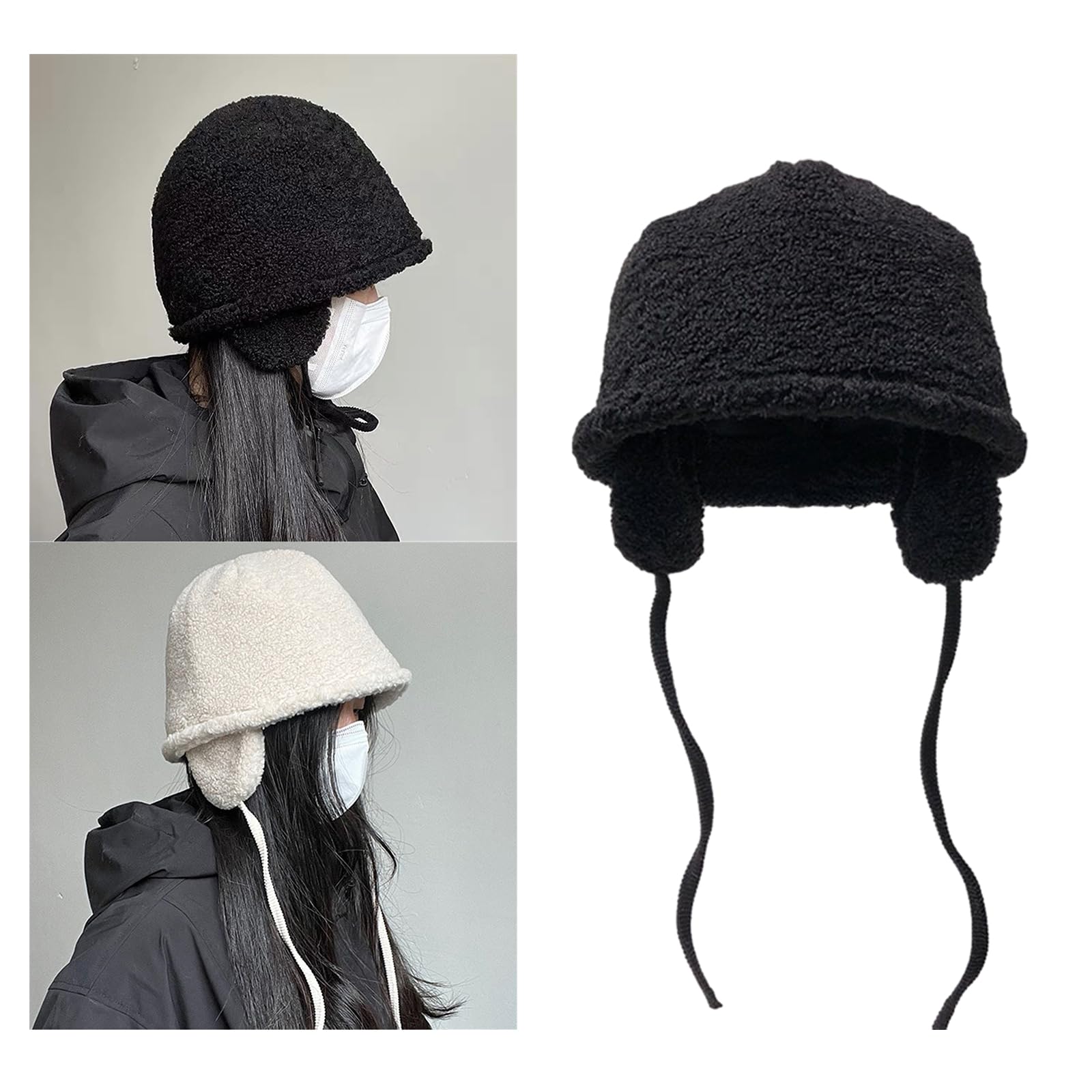 Plush Thick Ear Flap Hat for Women Skiing Hiking Winter Warm Windproof with Ear Protector for Outdoor Black