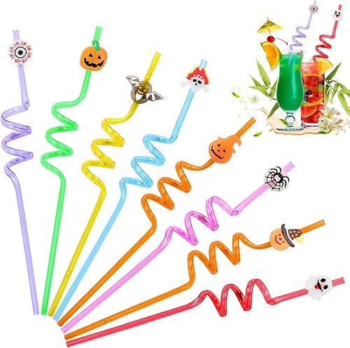 Regalos de fiesta de Halloween, 24 popotes de plástico reutilizables con 8 estilos, murciélagos de calabaza, fantasma, suministros de decoración de